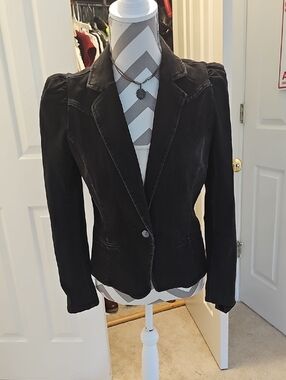 INC International Concepts Black Single-Button Tailored Blazer Black Denim